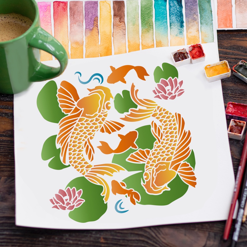 1 Khuôn Vẽ Hình Cá Koi Và Lá Sen 30x30cm Trang Trí Tường DIY
