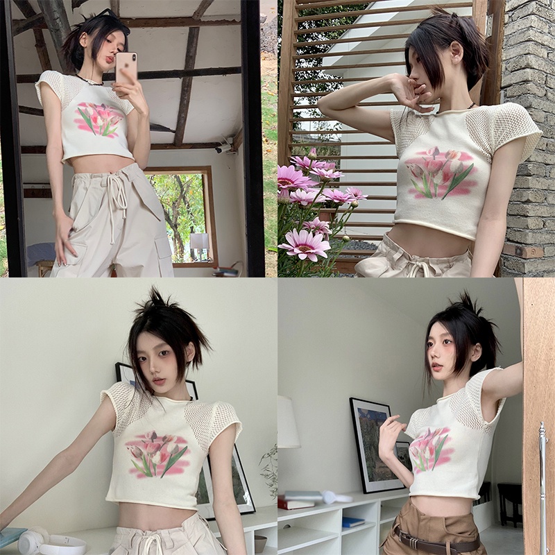 Áo Croptop Dệt Kim Tay Ngắn In Họa Tiết Xinh Xắn Cho Nữ