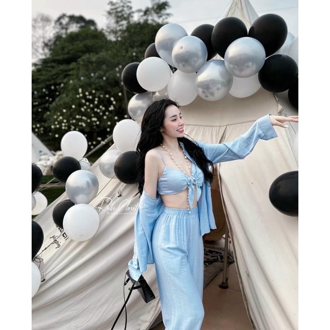 SET 3 MÓN ĐŨI ÁO BRA ÁO SƠ MI KÈM QUẦN ỐNG RỘNG GG alohashop91