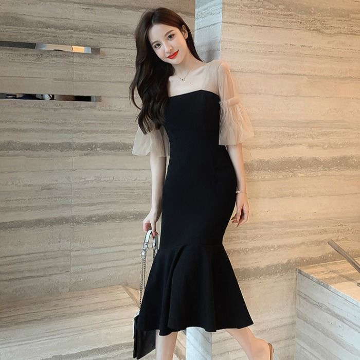 Đầm Đuôi Cá Cổ Vuông Tay Phồng Màu Đen Phong Cách Pháp Thời Trang Cho Nữ