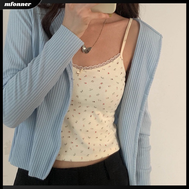 Áo Hai Dây Bằng Vải Cotton Pha Phối Ren Hoa Nhỏ Ôm Dáng Cho Nữ