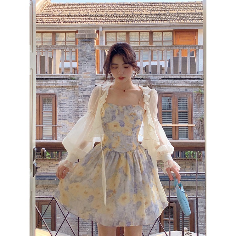 Set Áo Khoác Cardigan Mỏng Và Đầm Hai Dây Kèm Khăn Choàng Nhỏ Thời Trang Mùa Hè Hàng Mới Dành Cho Bạn Nữ