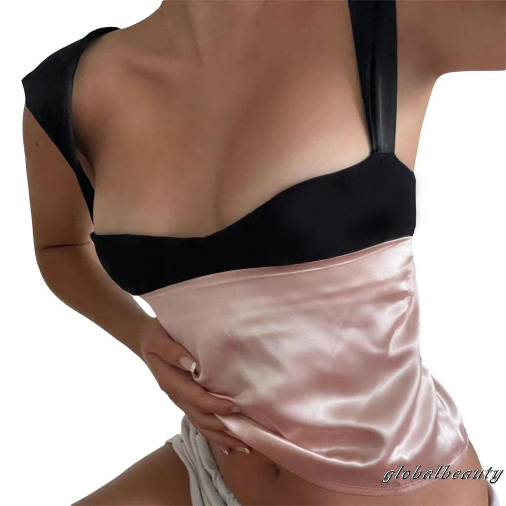 Áo Hai Dây Mùa Hè Cắt Thấp Hở Lưng Màu Tương Phản Cho Nữ