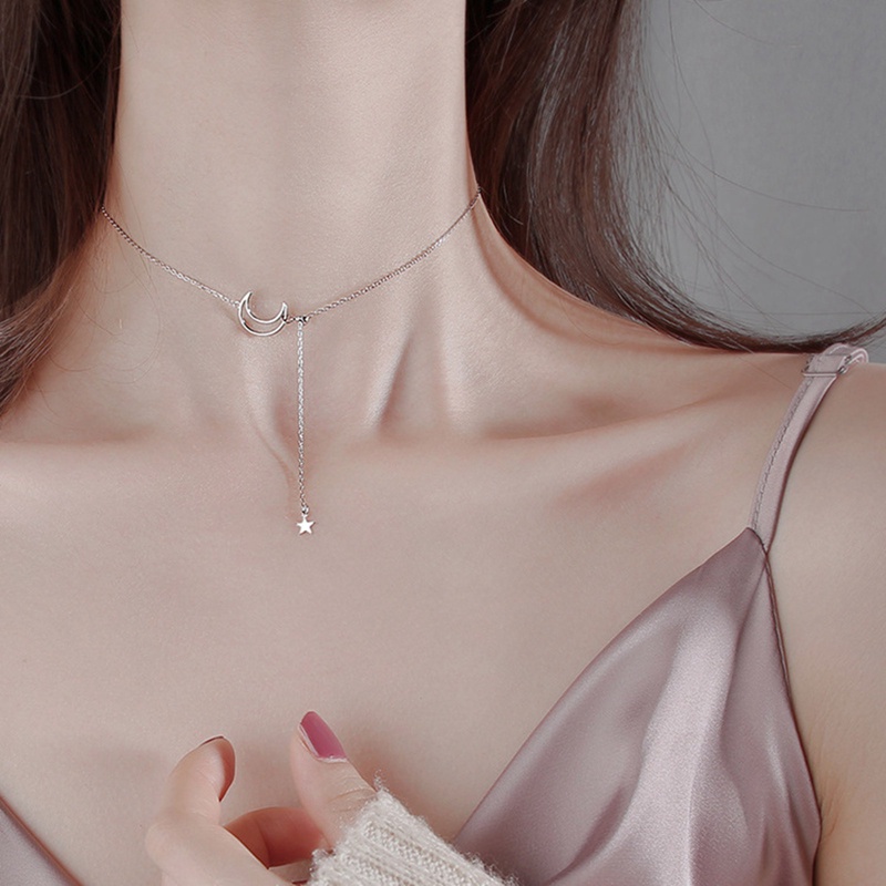 Vòng cổ Bạc 925 Mặt Hình Mặt Trăng Ngôi Sao Lấp Lánh Thời Trang Cho Nữ
