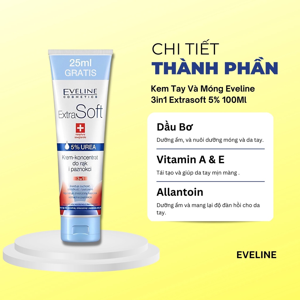 Kem Dưỡng Da Tay Và Dưỡng Móng Mềm Mịn Eveline 3in1 Extrasoft 5% 100ml