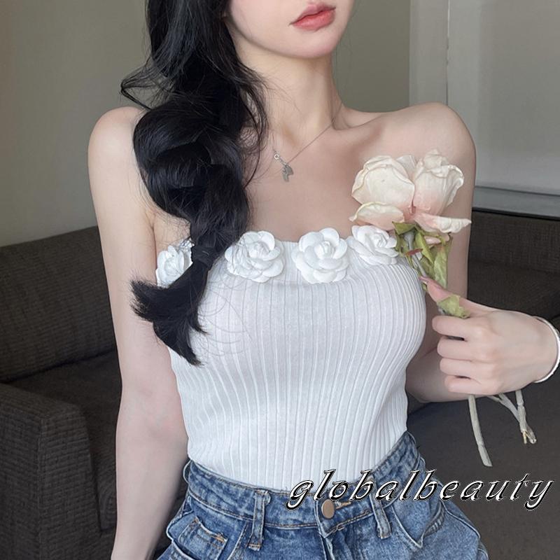 Áo Ống Dệt Kim Hở Lưng Màu Trơn Trang Trí Hoa Thời Trang Mùa Hè Cho Nữ