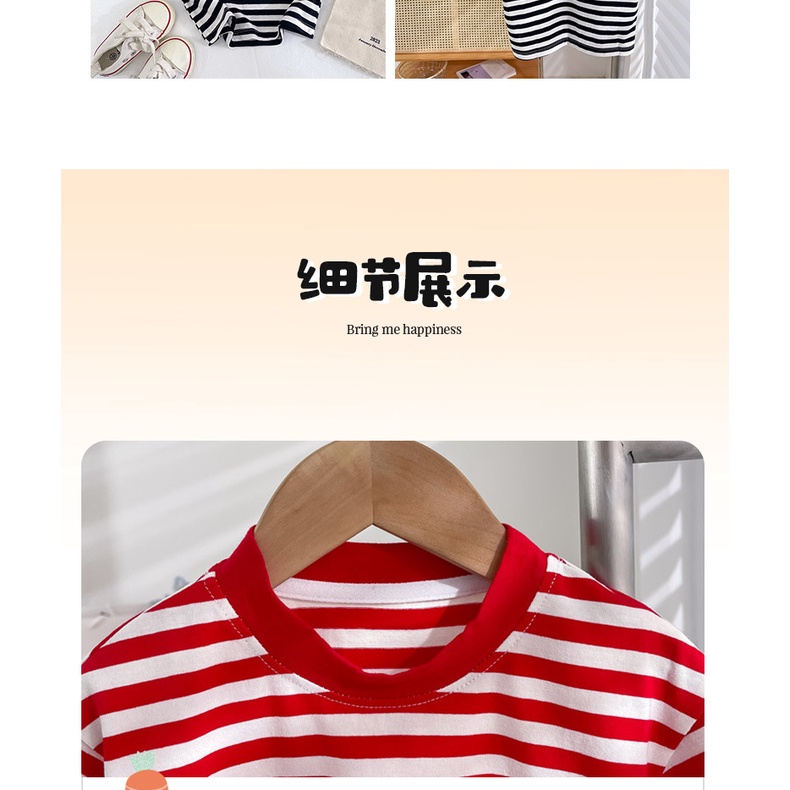 Áo Thun Cotton Ngắn Tay Cổ Tròn Họa Tiết Kẻ Sọc 80-150CM Thời Trang Mùa Hè Cho Bé Gái