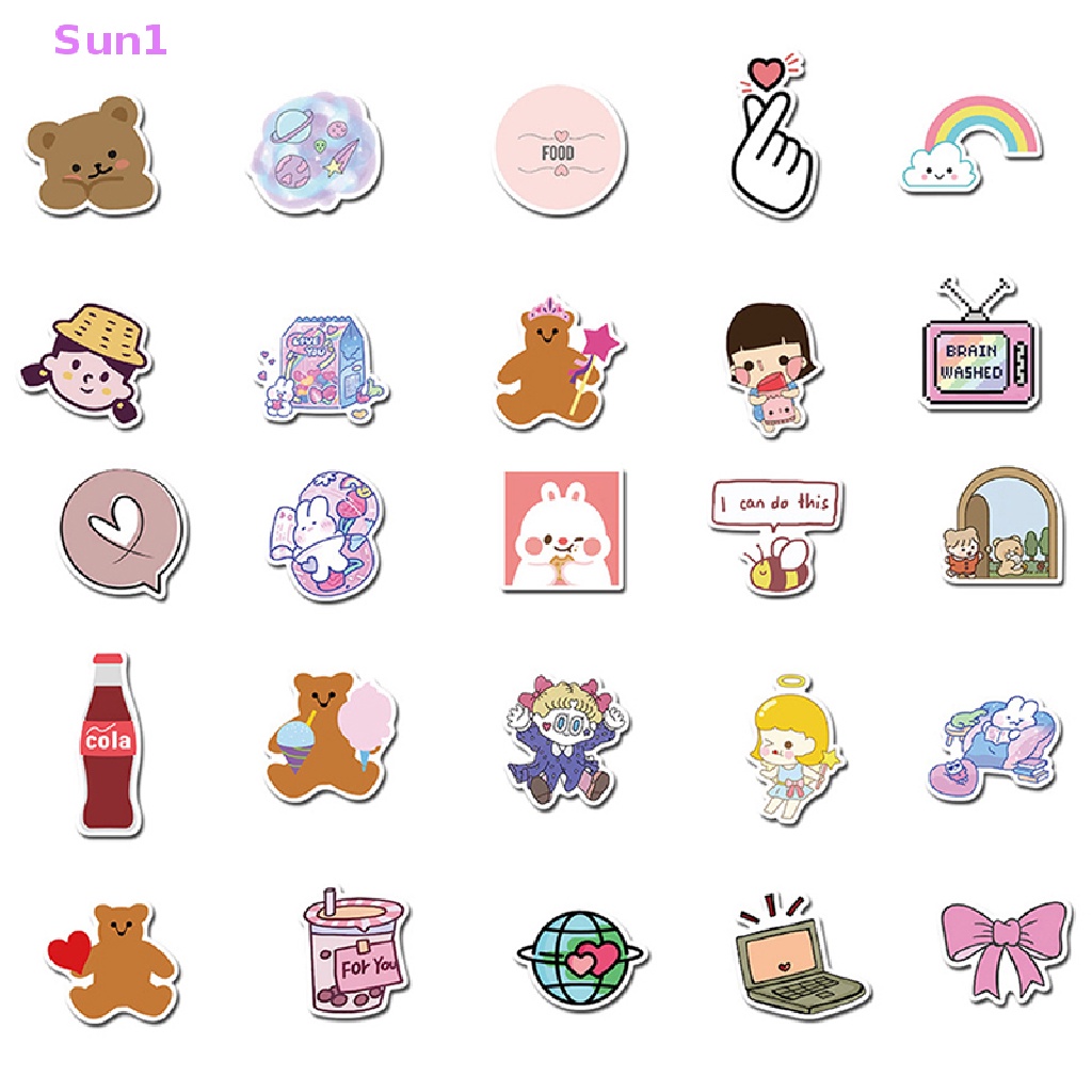 Bộ 50 Miếng Dán Chống Nắng Sun1 > 50 Miếng Dán Hình Gấu Kiểu Hàn Quốc Trang Trí Ván Trượt / Guitar / Laptop / Xe Máy Diy