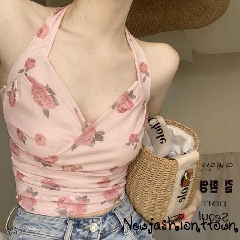Áo Lửng Không Tay Cổ Chữ V In Hoa Thời Trang Mùa Hè Cho Nữ