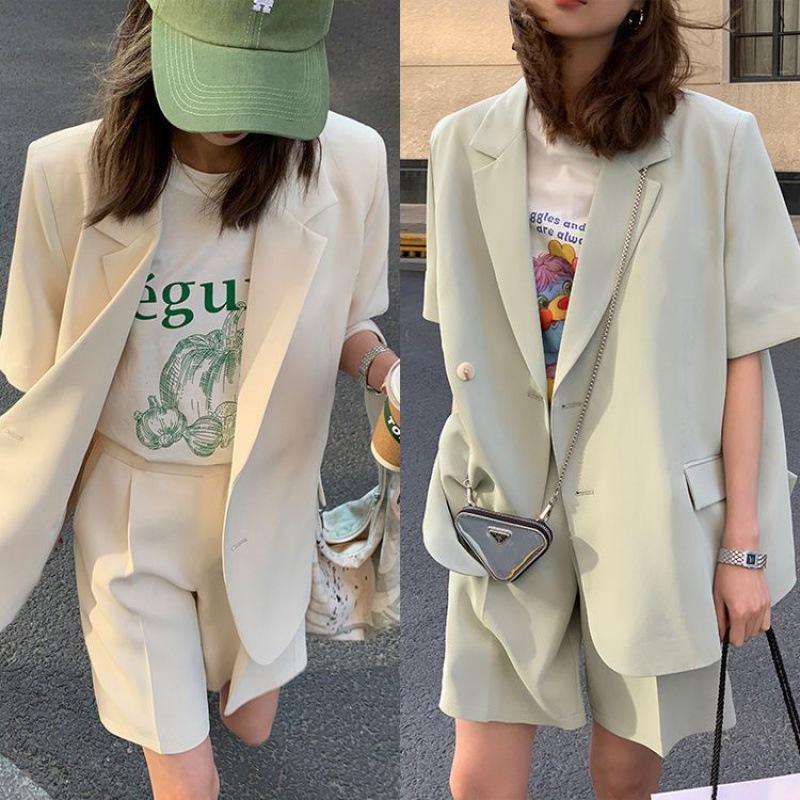 Bộ Áo Khoác Blazer Ngắn Tay Dáng Rộng + Quần Short Xinh Xắn Theo Phong Cách Mùa Hè