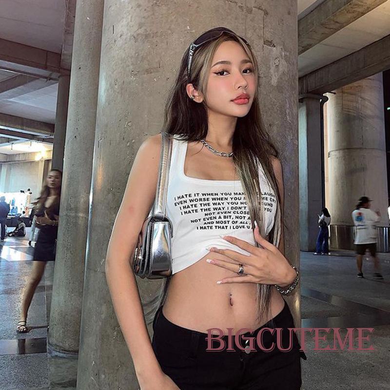 Áo Tank Top Sát Nách Mùa Hè Màu Trắng In Họa Tiết Chữ Cho Nữ