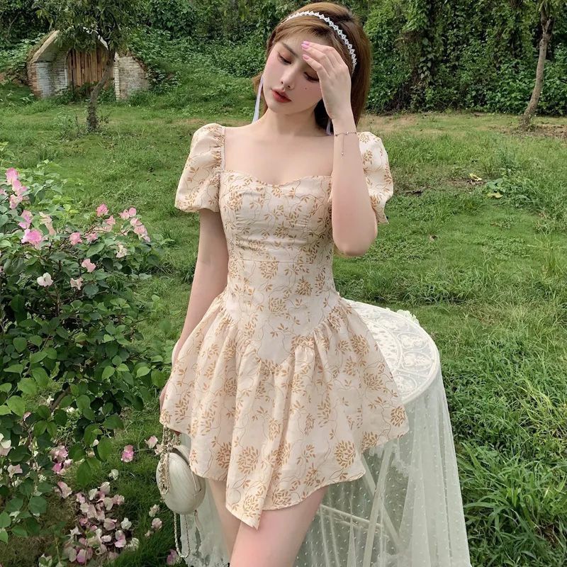 Đầm Ngắn Ôm Eo Họa Tiết Hoa Phong Cách Pháp Thời Trang Mùa Hè Cho Nữ