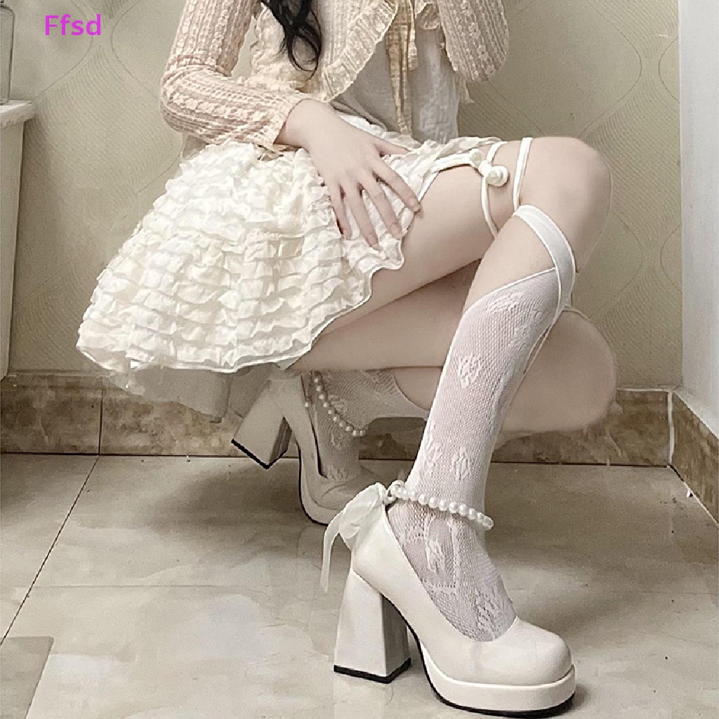 1 Đôi Tất Lưới Dài Qua Gối Đan Chéo Phong Cách Lolita Nhật Bản Cho Nữ