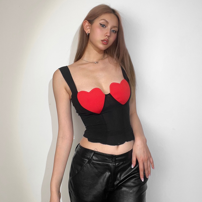 Kliou 2023 new Y2K Áo Crop Top Lưới Không Tay Xuyên Thấu Hình Trái Tim Phong Cách Hipster Đường Phố Cá Tính Dành Cho Nữ