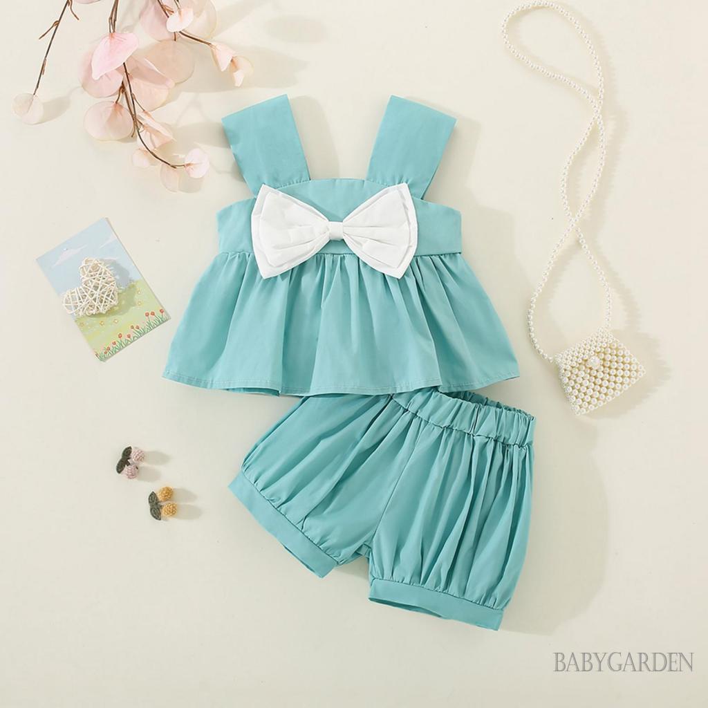 Set Áo Sát Nách Đính Nơ + Quần Short Xếp Ly Thời Trang Đường Phố Cho Bé Gái 9 Tháng-3 Tuổi