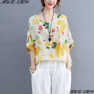 Áo Thun Cotton Lanh Tay Ngắn Dáng Rộng In Họa Tiết Hoa Thời Trang Hàn Quốc 2023 Cho Nữ