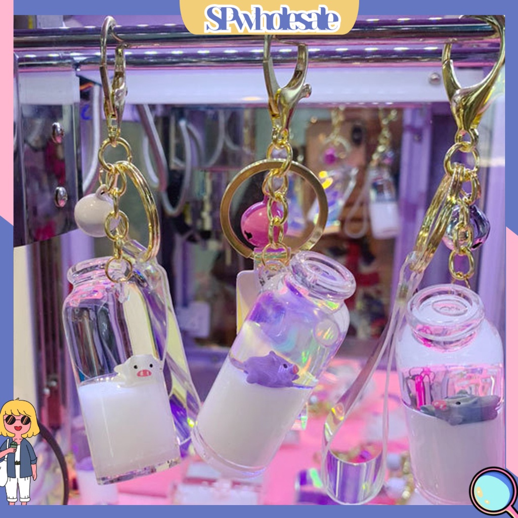 <SPwholesale> Móc Khóa Hình Bình Sữa Thủy Tinh Ba Chiều Có Chuông Và Dây Treo < SPwholesale >