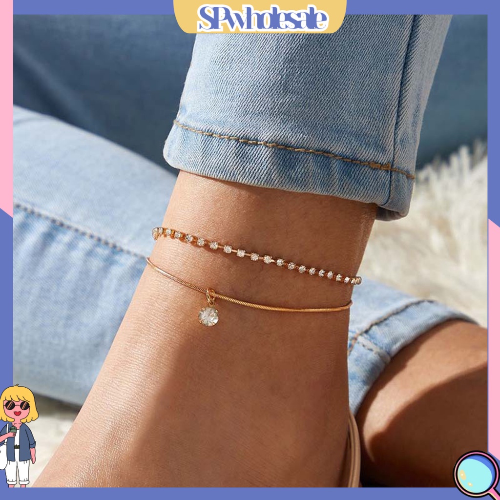 <SPwholesale> Lắc Chân Hợp Kim Hai Lớp Đính Đá Toàn Diện Thời Trang Đi Biển Cho Nữ