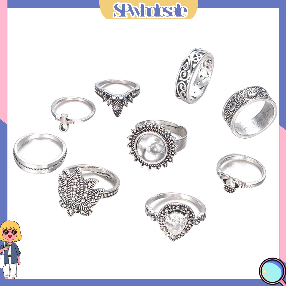 <SPwholesale> Set 9 Nhẫn Đốt Ngón Tay Đính Đá Phong Cách Retro