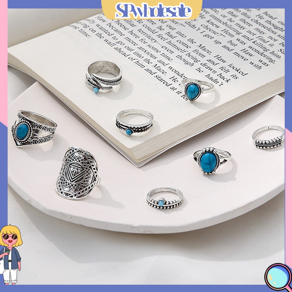 <SPwholesale> Set 8 Nhẫn Đeo Khớp Ngón Tay Đính Đá Ngọc Lam Giả Phong Cách Bohemian Thời Trang