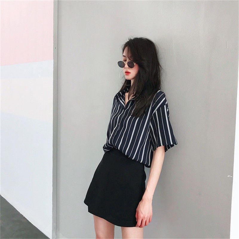 Áo Sơ Mi Tay Ngắn Họa Tiết Kẻ Sọc Thời Trang Mùa Hè Phong Cách Hàn Quốc Cho Nữ