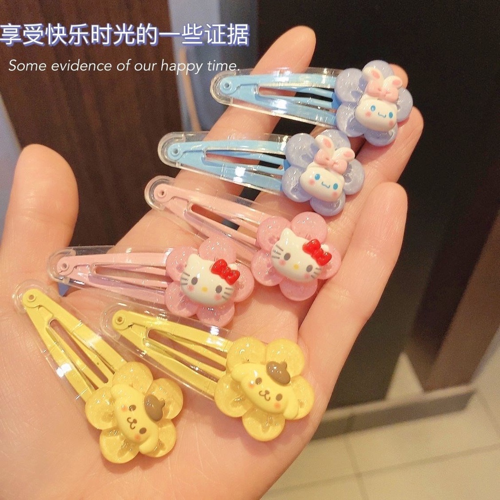 Kẹp Tóc Mái Bên Hông Trong Suốt Họa Tiết Hoa Hoạt Hình Cún Cinnamon Kuromi Sanrio Cho Bé Gái
