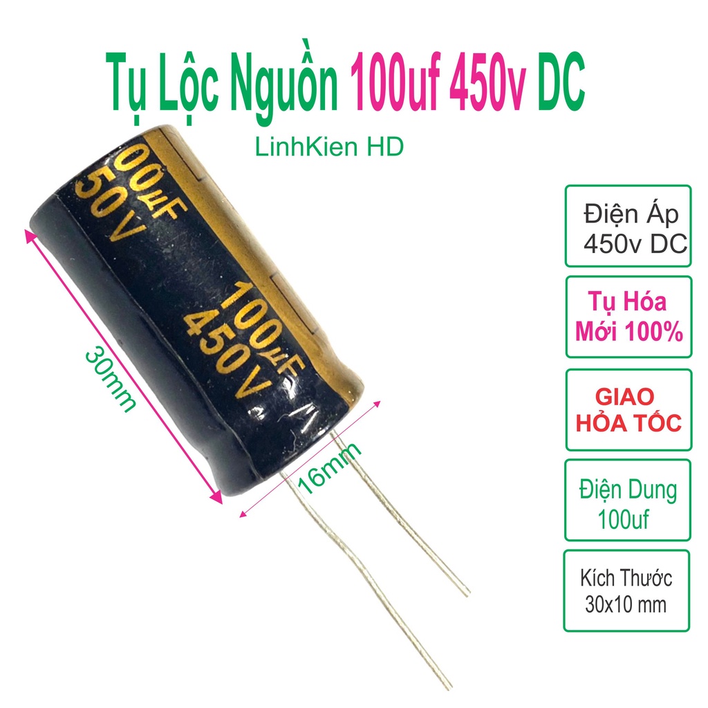 Tụ lộc nguồn 100uF 450V mới 100% màu xanh đen chân mềm (16x30mm) - LinhKien HD