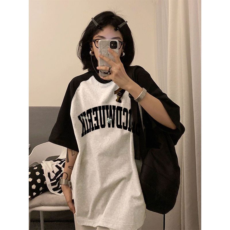 Áo Thun Raglan Tay Ngắn Màu Sắc Tương Phản Phong Cách Hong Kong Thời Trang Mùa Hè Cho Nữ