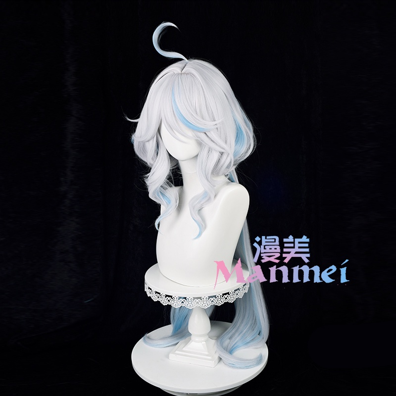 Manmei Genshin Impact Focalors Cosplay Wig 100cm Long Silver White Blue Wigs Cosplay Anime Cosplay Wigs Heat Resistant Synthetic Wigs