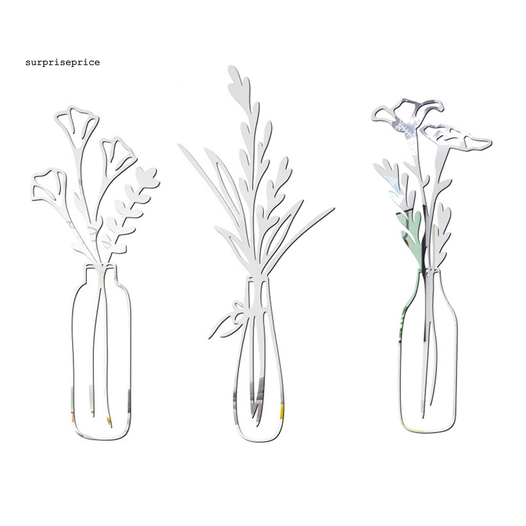 Bộ 3 Miếng Dán Tường Bằng Acrylic Tráng Gương Hình Lọ Hoa Lấp Lánh Trang Trí Nhà Cửa