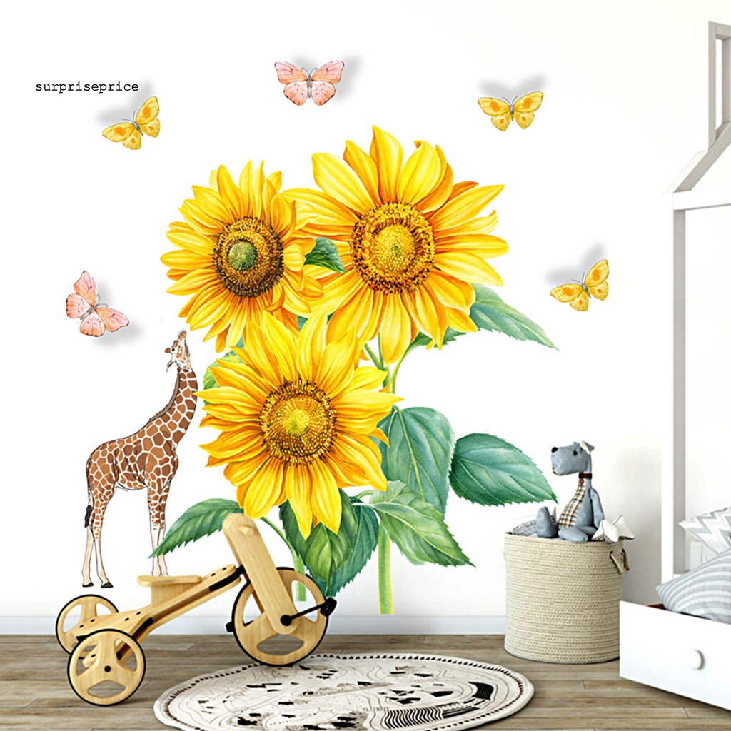 Set 2 Miếng Dán Tường Tự Dính Bằng PVC Chống Nước Hình Hoa Hướng Dương / Hươu Cao Cổ / Bướm