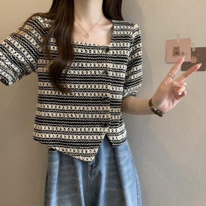 Áo Dệt Kim Tay Phồng Kẻ Sọc Thời Trang Mùa Hè Cho Nữ