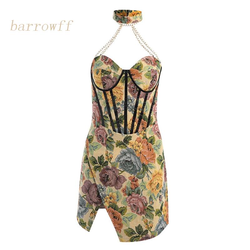 Brroa Đầm Mini Ôm Dáng Phối Dây Xích Xẻ Tà Họa Tiết Hoa Gợi Cảm Cho Nữ