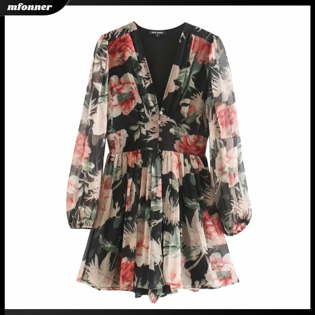 Áo liền quần Tay Phồng Dài Cổ Chữ V in Họa Tiết Hoa Nhí Xinh Xắn Thời Trang Cho Nữ