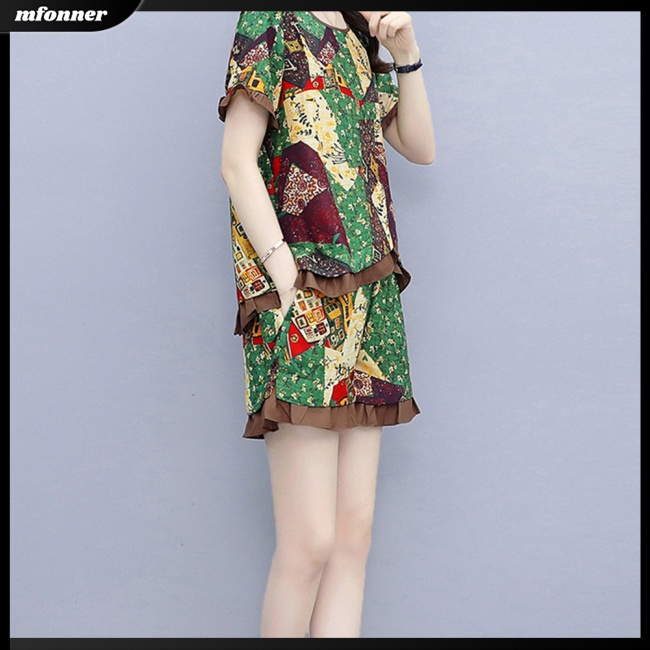 Bộ Trang Phục 2 Mảnh Áo Tay Ngắn Cổ Tròn Phối Bèo Phối Quần Short Ống Rộng Thời Trang Cho Nữ