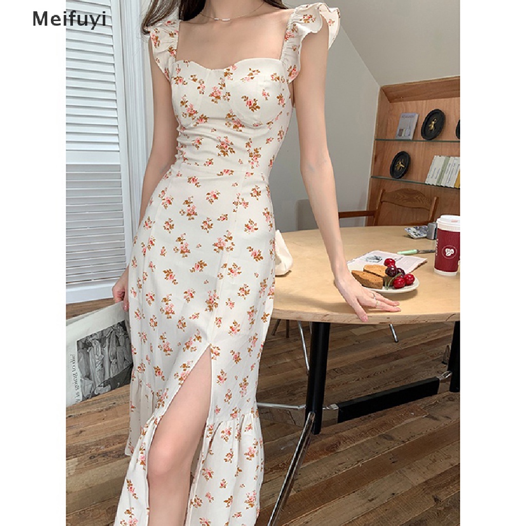 Đầm Midi Không Tay Nhún Bèo Họa Tiết Hoa Phong Cách Vintage Nữ Tính