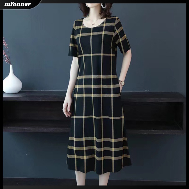 Đầm Nữ Tay Ngắn Cổ Tròn Dáng Chữ A Họa Tiết Caro Thời Trang Cá Tính