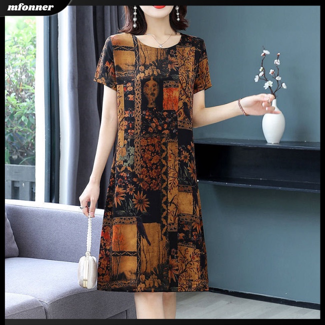 Đầm Midi Giả Lụa Lạnh Tay Ngắn Cổ Tròn Dáng Rộng Thời Trang Cho Nữ