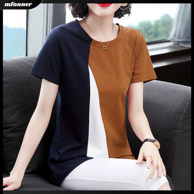 Áo Thun Tay Ngắn Cổ Tròn Dáng Rộng Màu Sắc Tương Phản Thời Trang Mùa Hè Cho Nữ