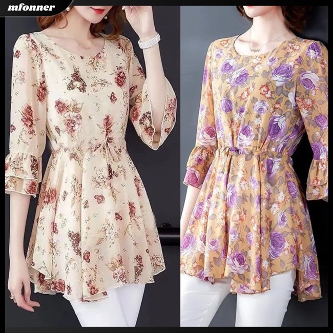 Áo Nữ Tay Ngắn Cổ Tròn Dáng Rộng In Hoa Thời Trang