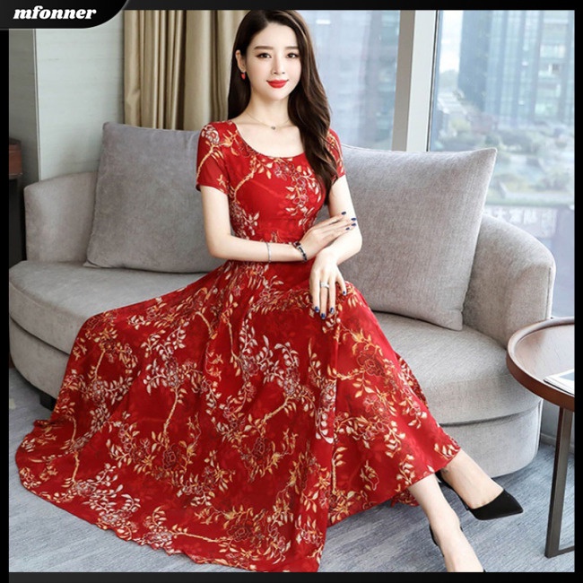 Đầm Dài Dáng Chữ A Tay Ngắn Họa Tiết Hoa Thời Trang Mùa Hè Cho Nữ