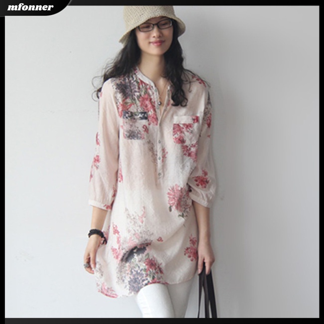 Áo Sơ Mi Rộng Bằng Vải Lanh Cotton In Hình Hoa Dành Cho Nữ Size Lớn