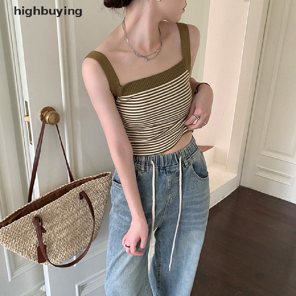 Áo Croptop Dệt Kim Hai Dây Họa Tiết Kẻ Sọc Phong Cách Vintage