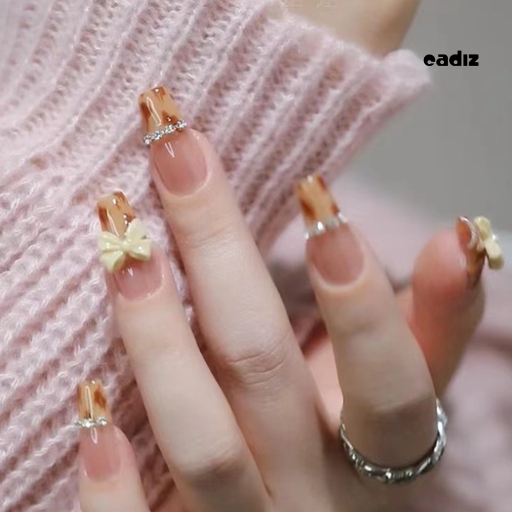 1 Bộ Móng Tay Giả Họa Tiết Da Báo Đính Đá Lấp Lánh Dễ Tẩy Trang Diy