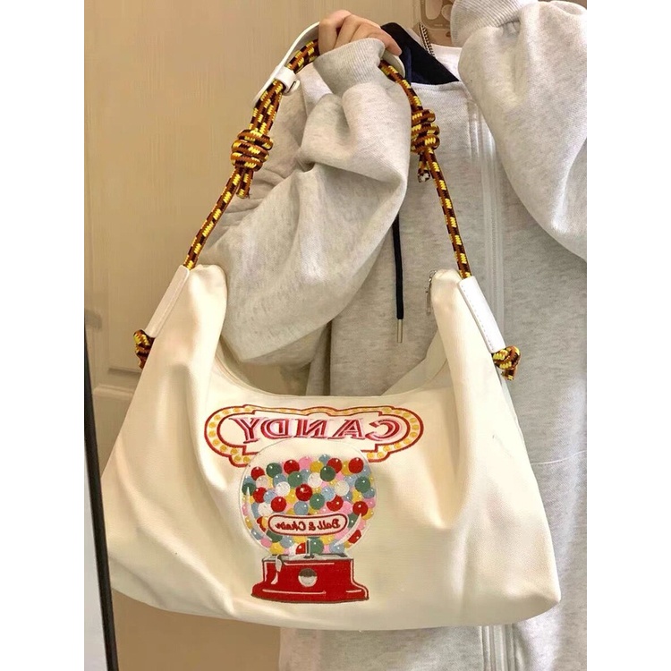 Túi Tote Vải Canvas Cỡ Lớn Thêu Họa Tiết Dễ Thương Phong Cách Nhật Bản Cho Nữ