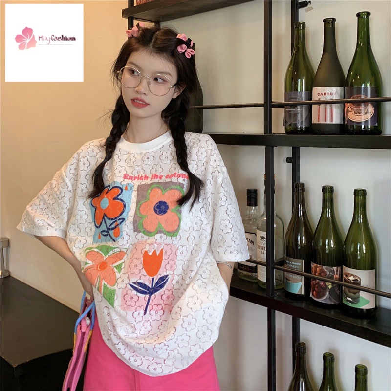 Áo Thun Tay Ngắn Dáng Rộng In Hoa Cỡ Lớn Thời Trang Mùa Hè