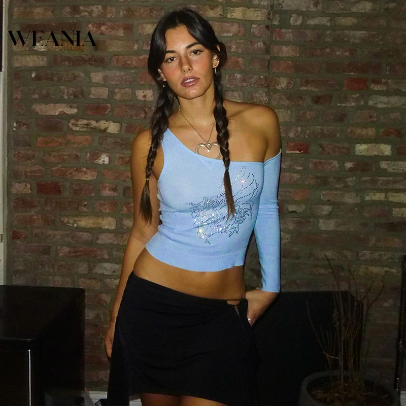 Weania Áo Thun Crop Top Một Vai Đính Đá Lấp Lánh Gợi Cảm Cho Nữ