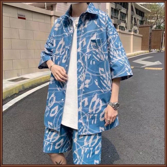 Bộ Áo Sơ Mi Tay Ngắn + Quần Lửng Dáng Rộng In Họa Tiết Bãi Biển Hawaii Cá Tính Cho Nam