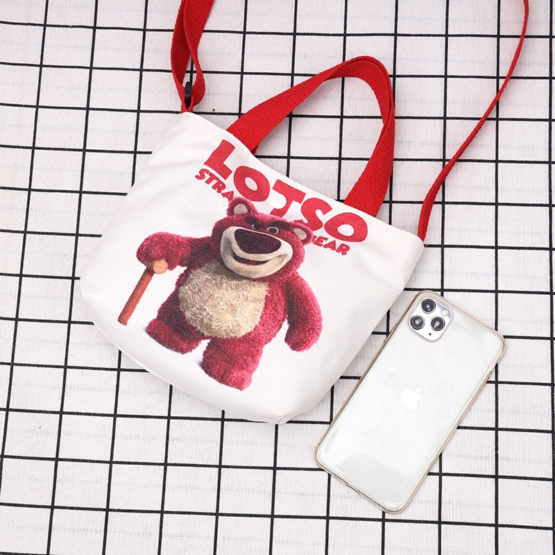 Túi Đeo Chéo Vải Canvas In Hình Gấu Dâu Tây Dễ Thương Phong Cách Hàn Quốc Cho Nam Và Nữ