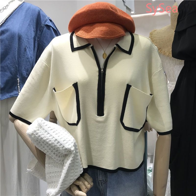 Áo Dệt Kim Phối Khóa Kéo Phong Cách Retro Hàn Quốc Cho Nữ